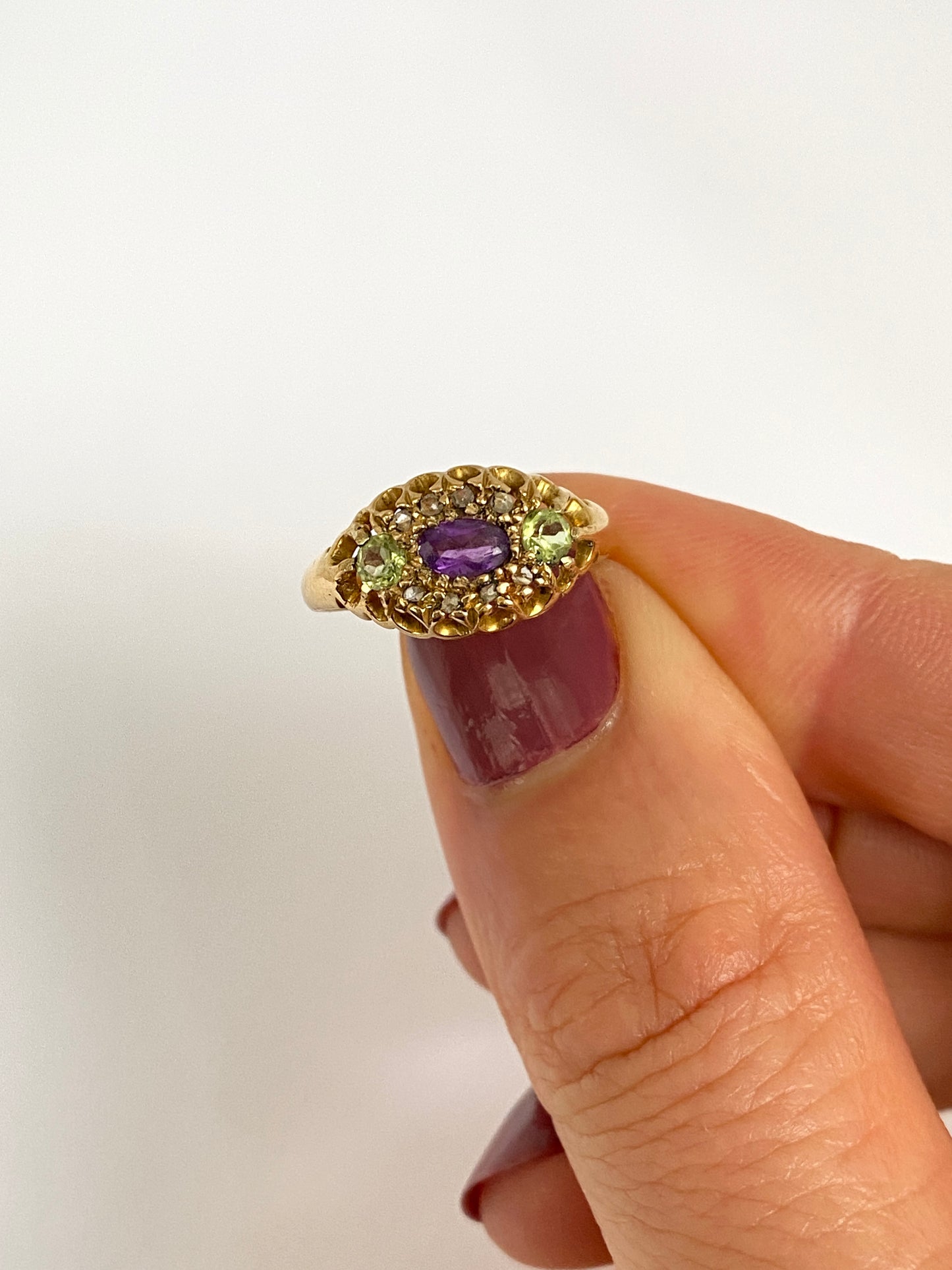 Vintage, 18ct Gold, Antique Amethyst, Peridot and Diamond Ring (Suffragette Colours)