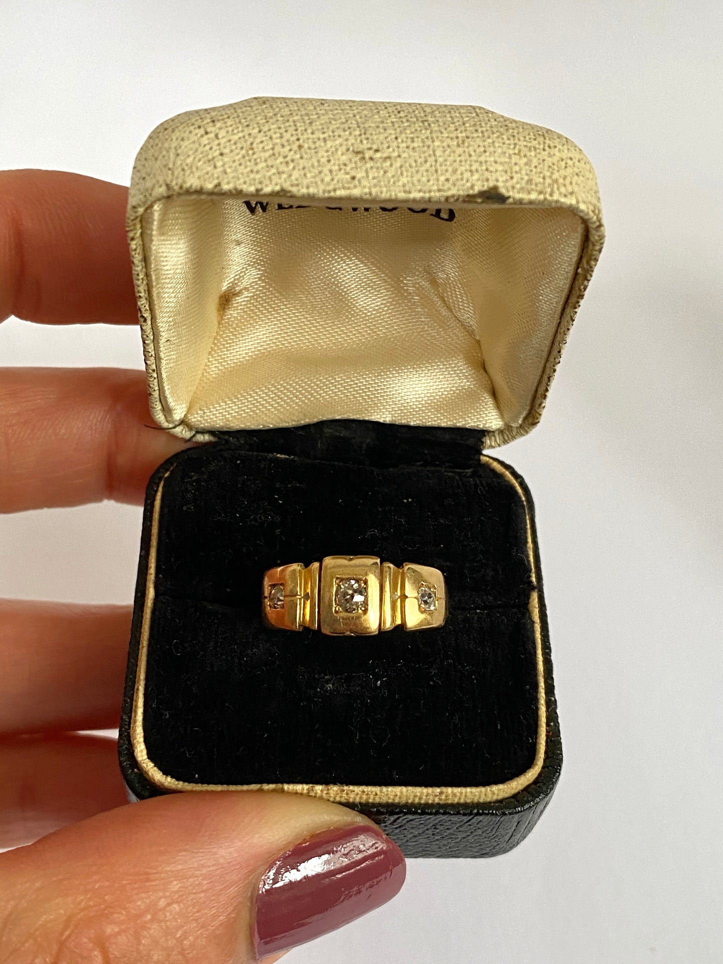 Antique, Victorian, old cut Trilogy Diamond Gypsy Ring, Hallmarked London, 18ct Gold and 1900