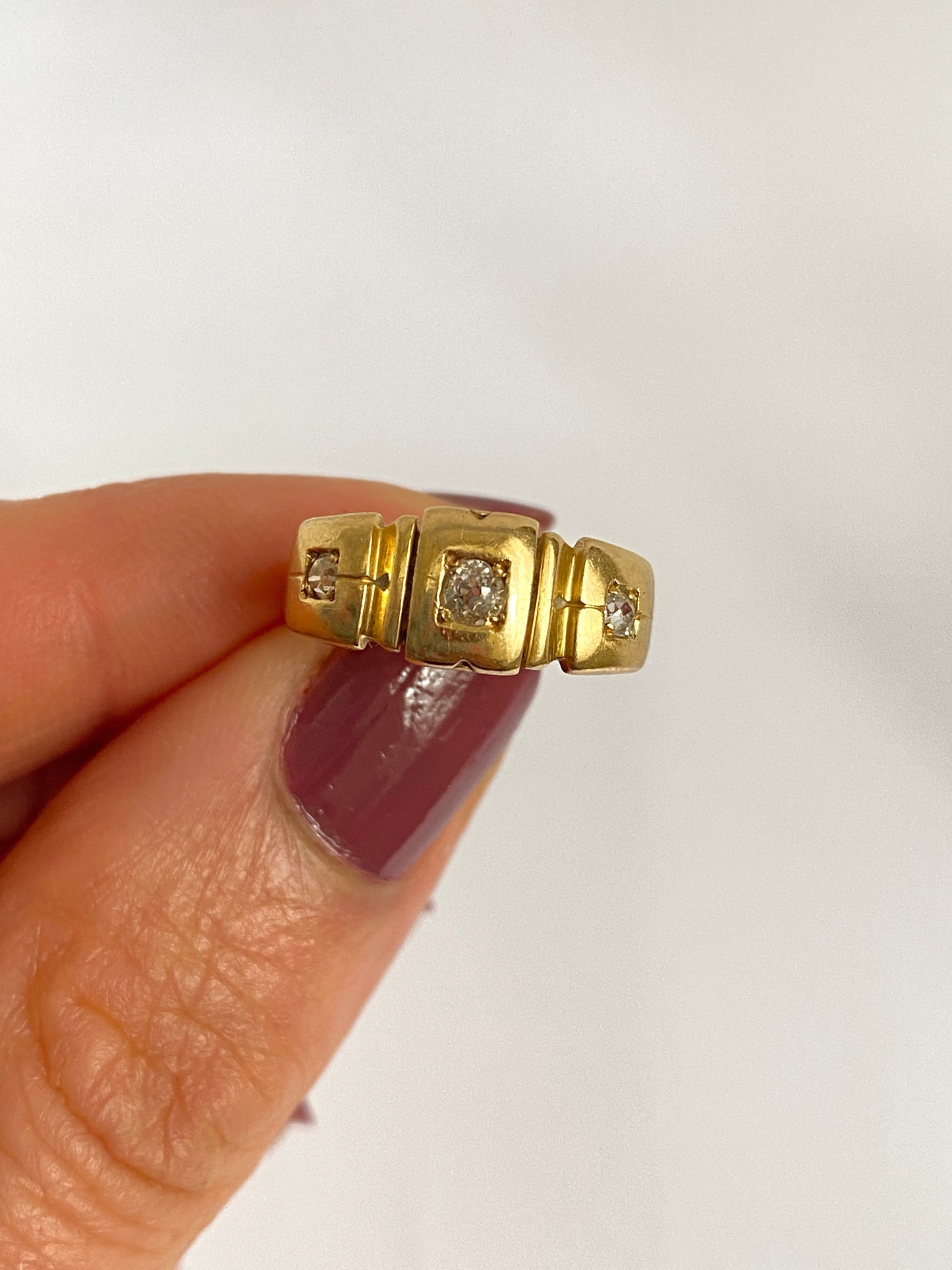 Antique, Victorian, old cut Trilogy Diamond Gypsy Ring, Hallmarked London, 18ct Gold and 1900