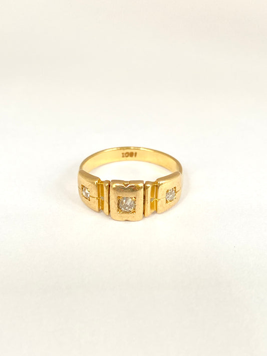 Antique, Victorian, old cut Trilogy Diamond Gypsy Ring, Hallmarked London, 18ct Gold and 1900