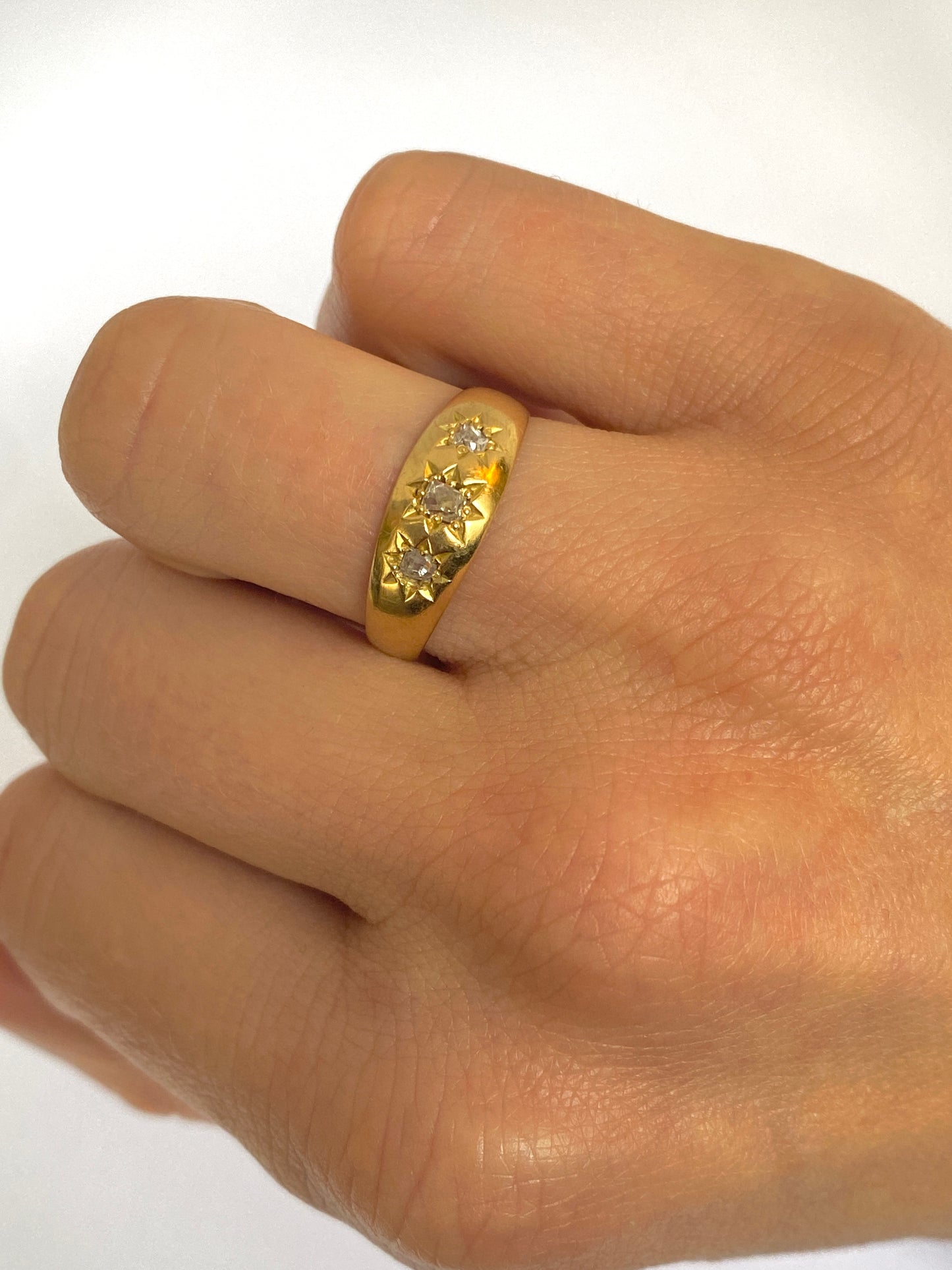 3rd payment Antique, 18ct Gold, Old Cut Diamond, 3 Star, Gypsy Ring, Hallmarked London, 1902