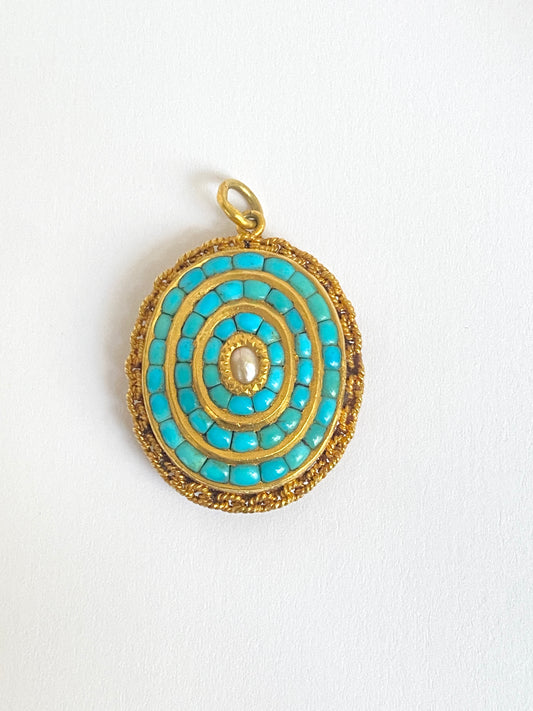Victorian, 22ct Gold, Etruscan Revival Turquoise Locket backed Pendant