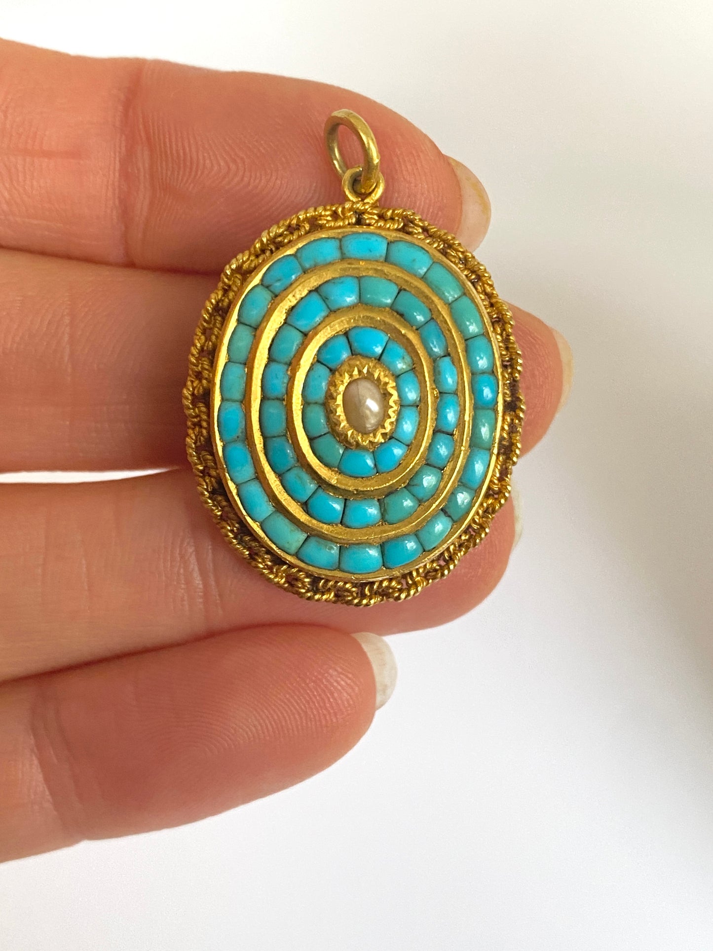 Victorian, 22ct Gold, Etruscan Revival Turquoise Locket backed Pendant