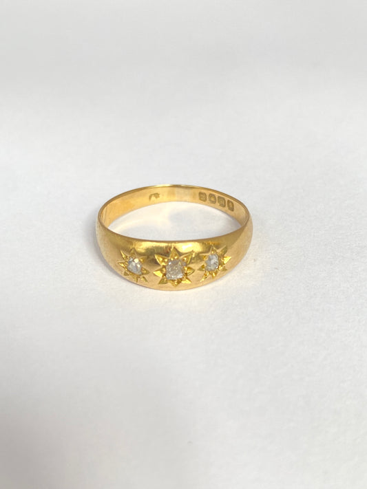 3rd payment Antique, 18ct Gold, Old Cut Diamond, 3 Star, Gypsy Ring, Hallmarked London, 1902