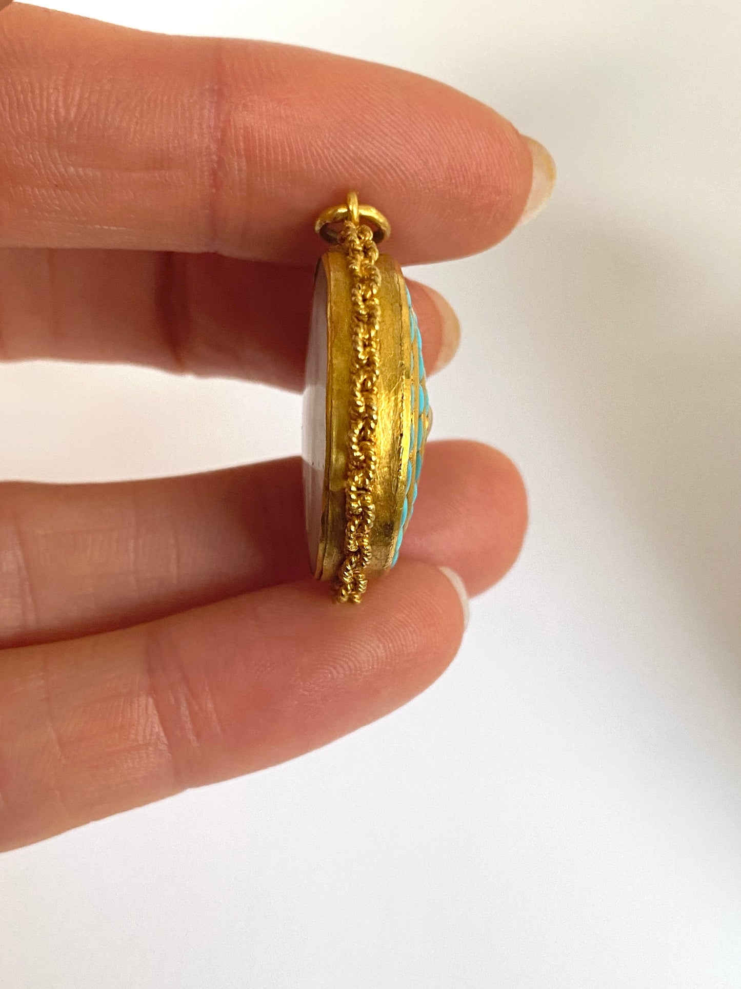 Victorian, 22ct Gold, Etruscan Revival Turquoise Locket backed Pendant