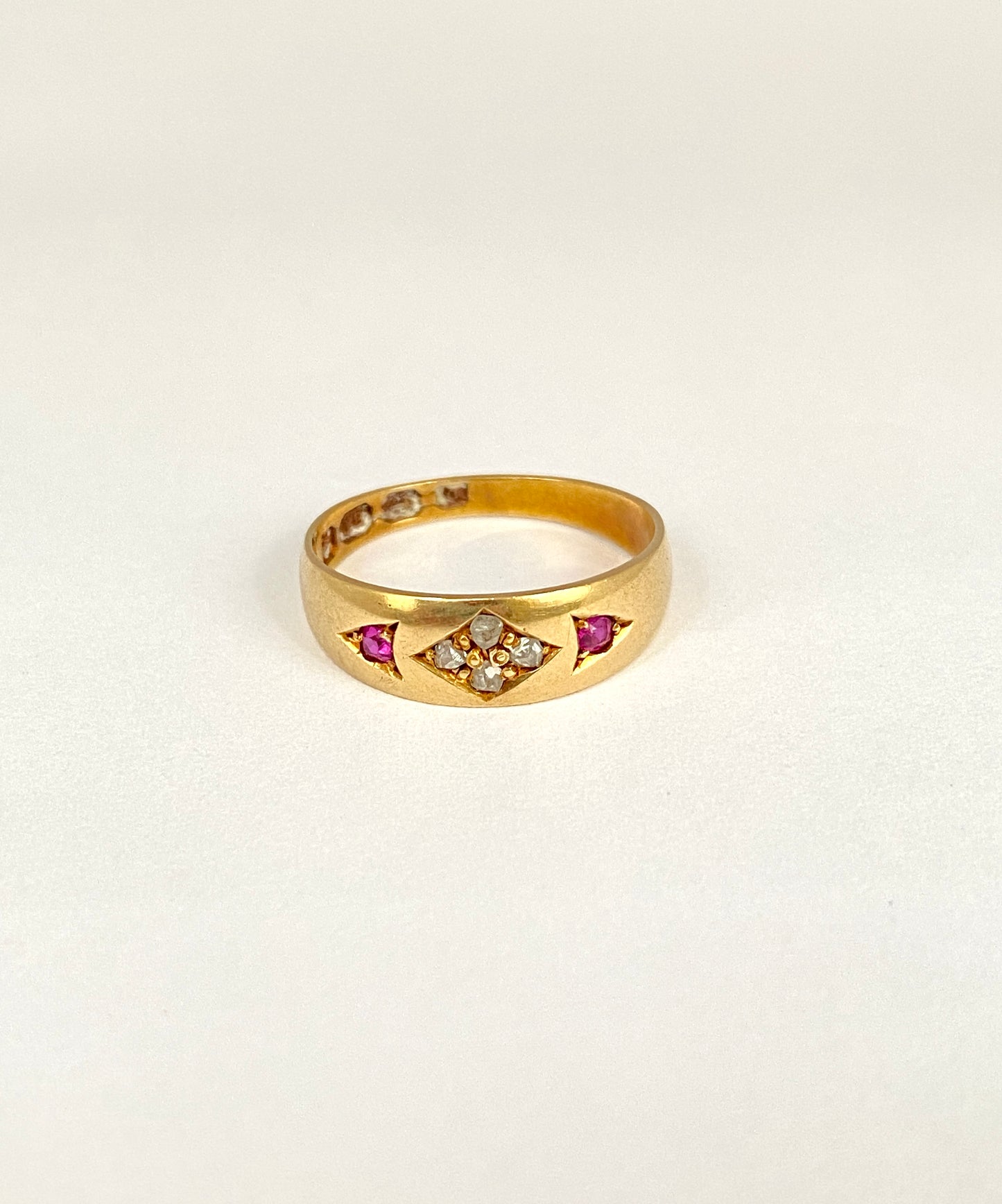 Victorian, 18ct Gold Ruby and Rose Cut Diamond Gypsy Ring Hallmarked, Birmingham 1878