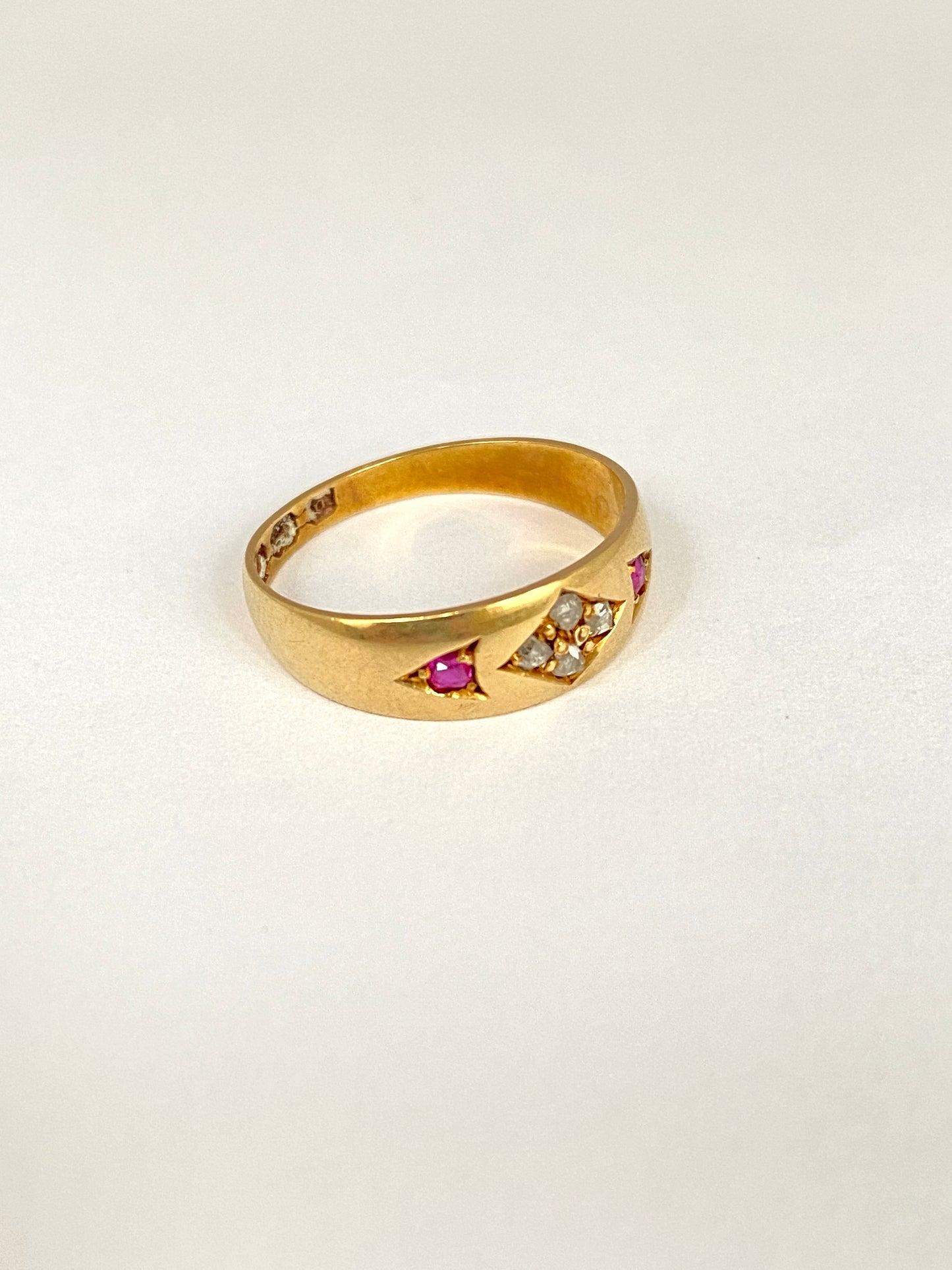 Victorian, 18ct Gold Ruby and Rose Cut Diamond Gypsy Ring Hallmarked, Birmingham 1878