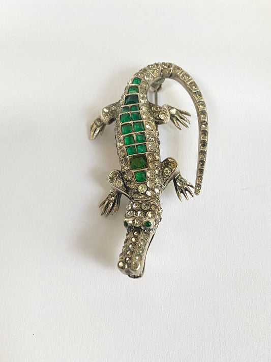 Great sized, Victorian Antique Paste, Silver Crocodile Brooch