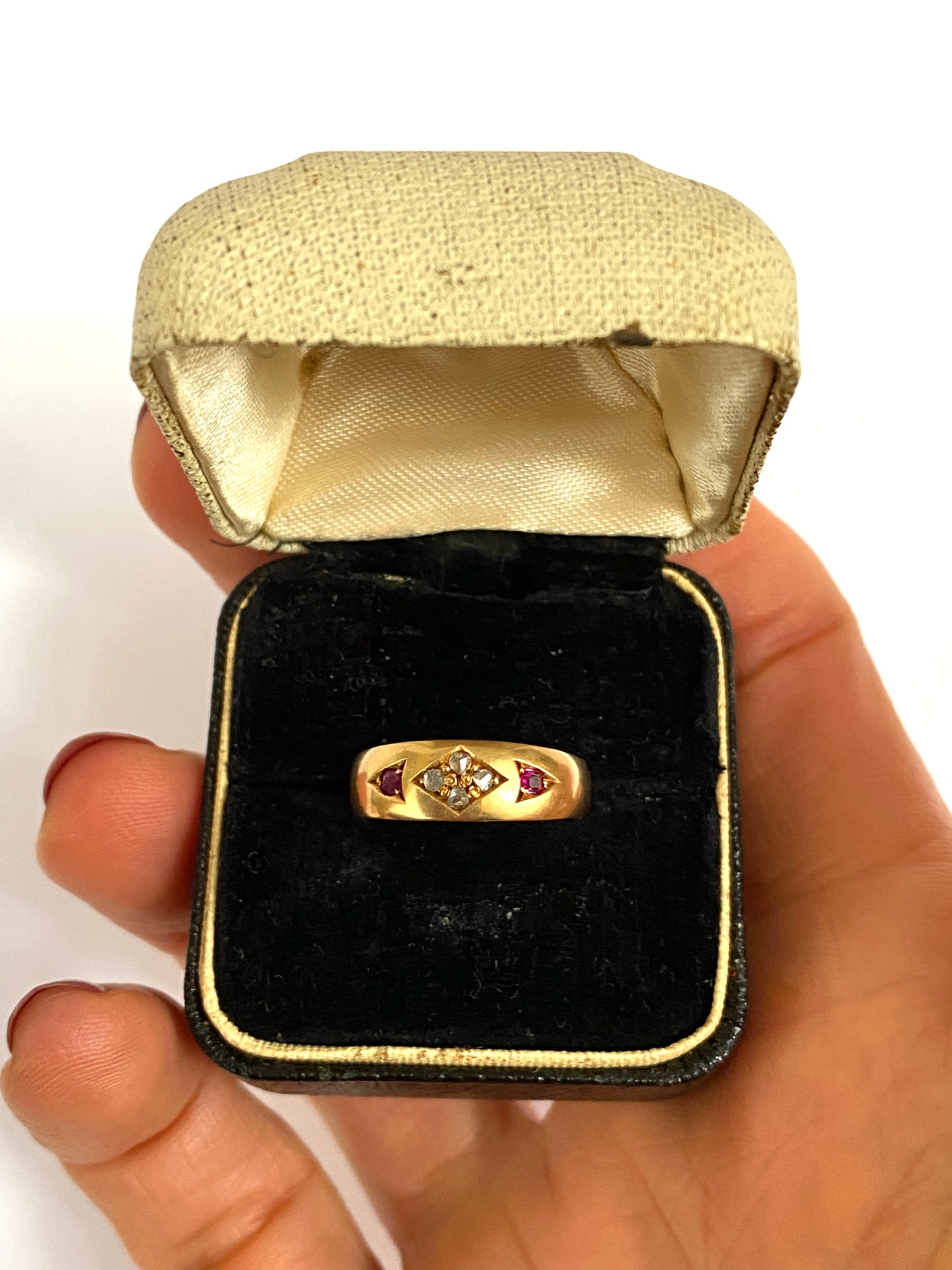 Victorian, 18ct Gold Ruby and Rose Cut Diamond Gypsy Ring Hallmarked, Birmingham 1878