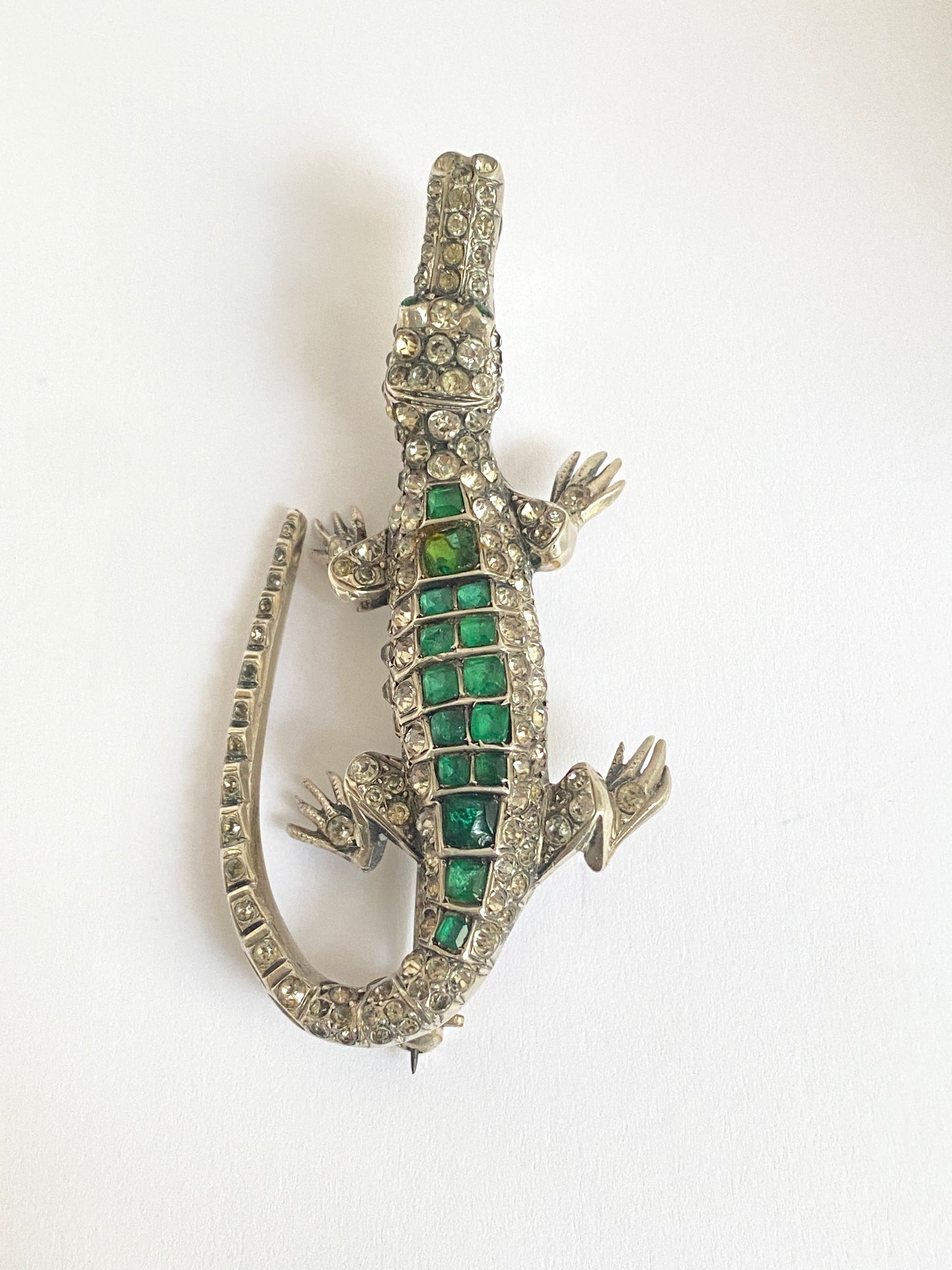 Great sized, Victorian Antique Paste, Silver Crocodile Brooch