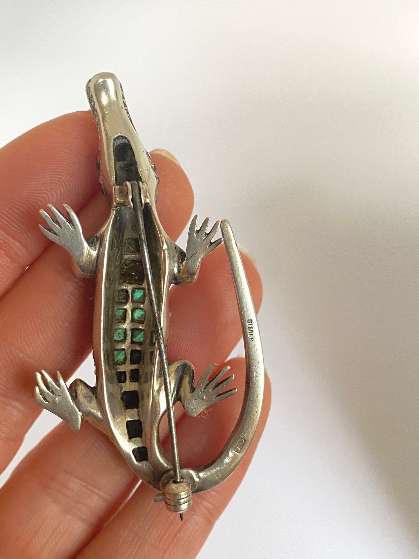 Great sized, Victorian Antique Paste, Silver Crocodile Brooch