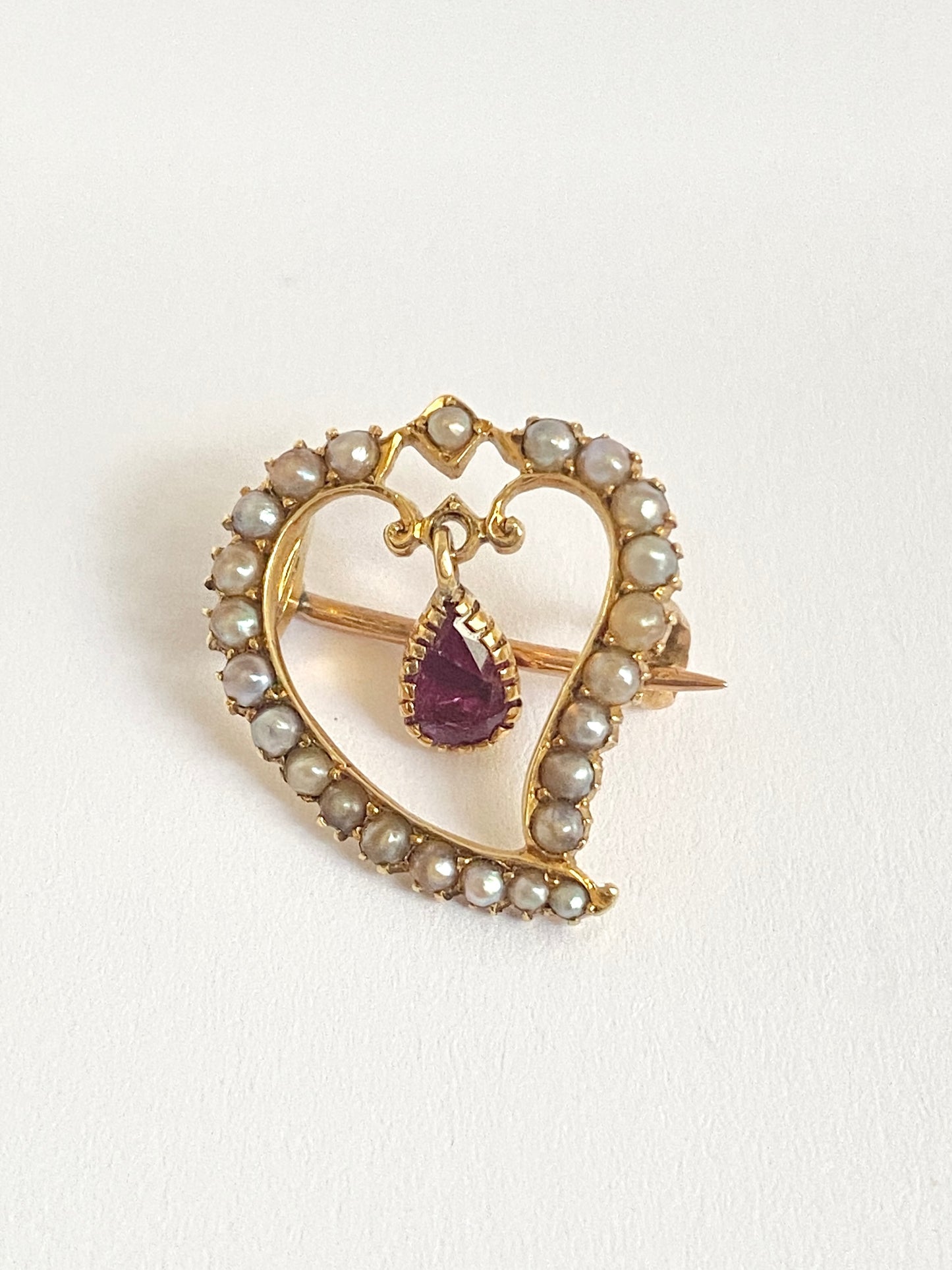 Romantic, Antique 15ct Gold, Pearl and Garnet Witches Heart Brooch