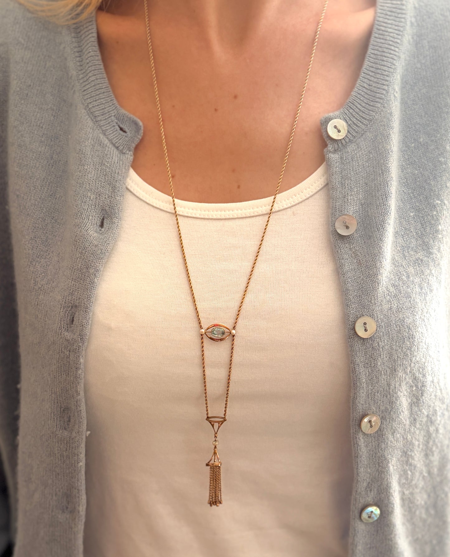 Art Deco 9ct Gold Aquamarine Rope Necklace with Tassel