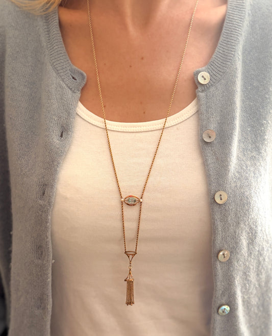 Art Deco 9ct Gold Aquamarine Rope Necklace with Tassel