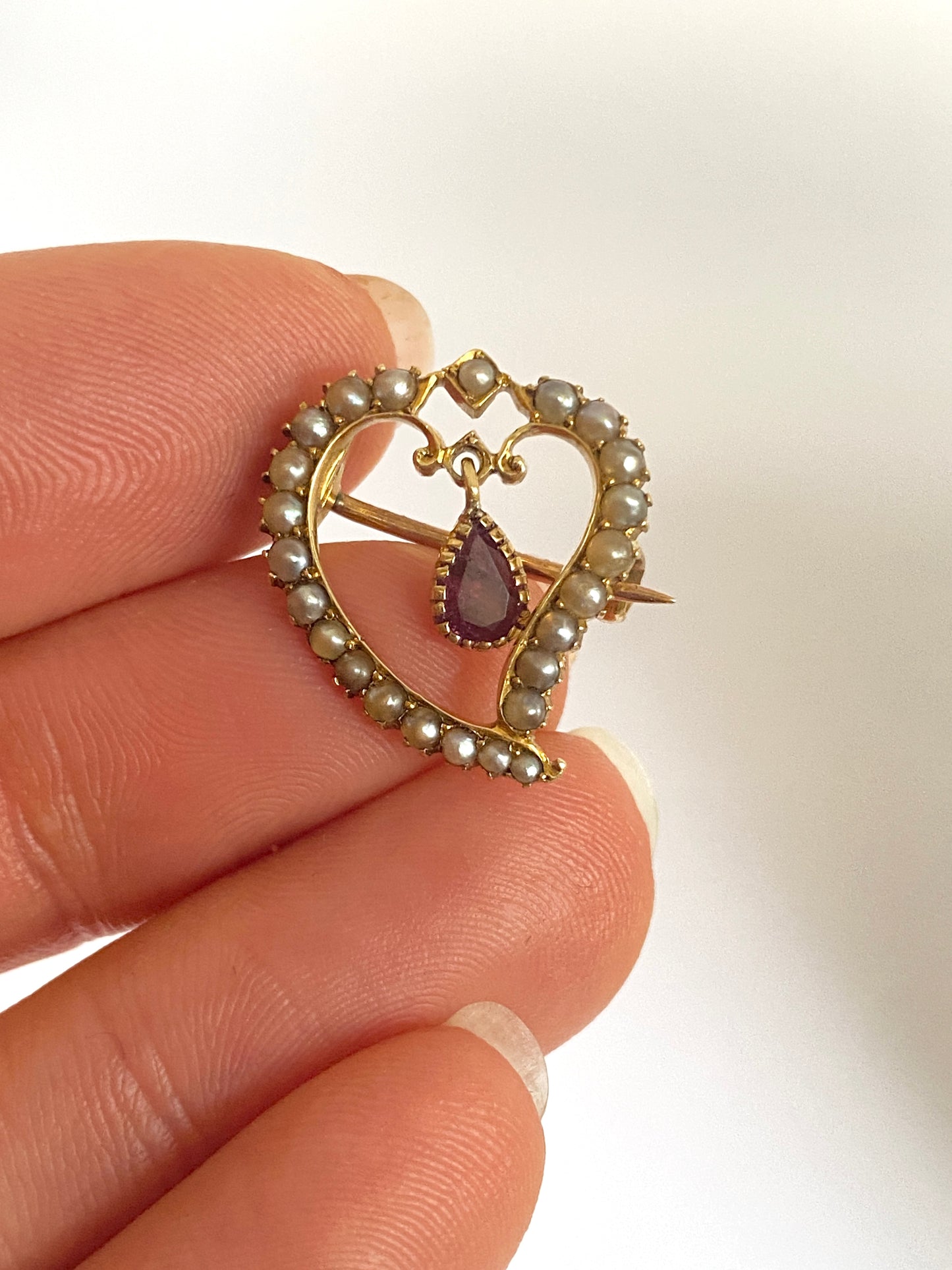 Romantic, Antique 15ct Gold, Pearl and Garnet Witches Heart Brooch