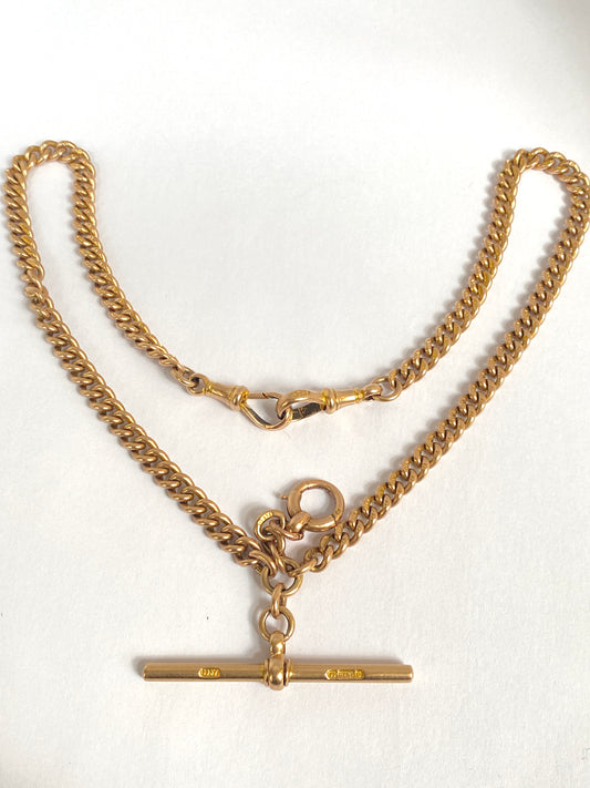 16 inch, Antique, Victorian 9ct Gold Double Dog Clip, Bolt Clasp, Albert Watch Chain (32.20g)