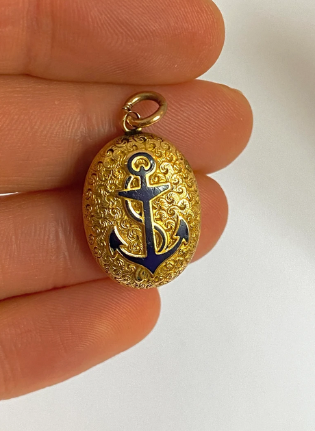 Victorian 15ct Gold Locket / Pendant with Blue Enamel Anchor