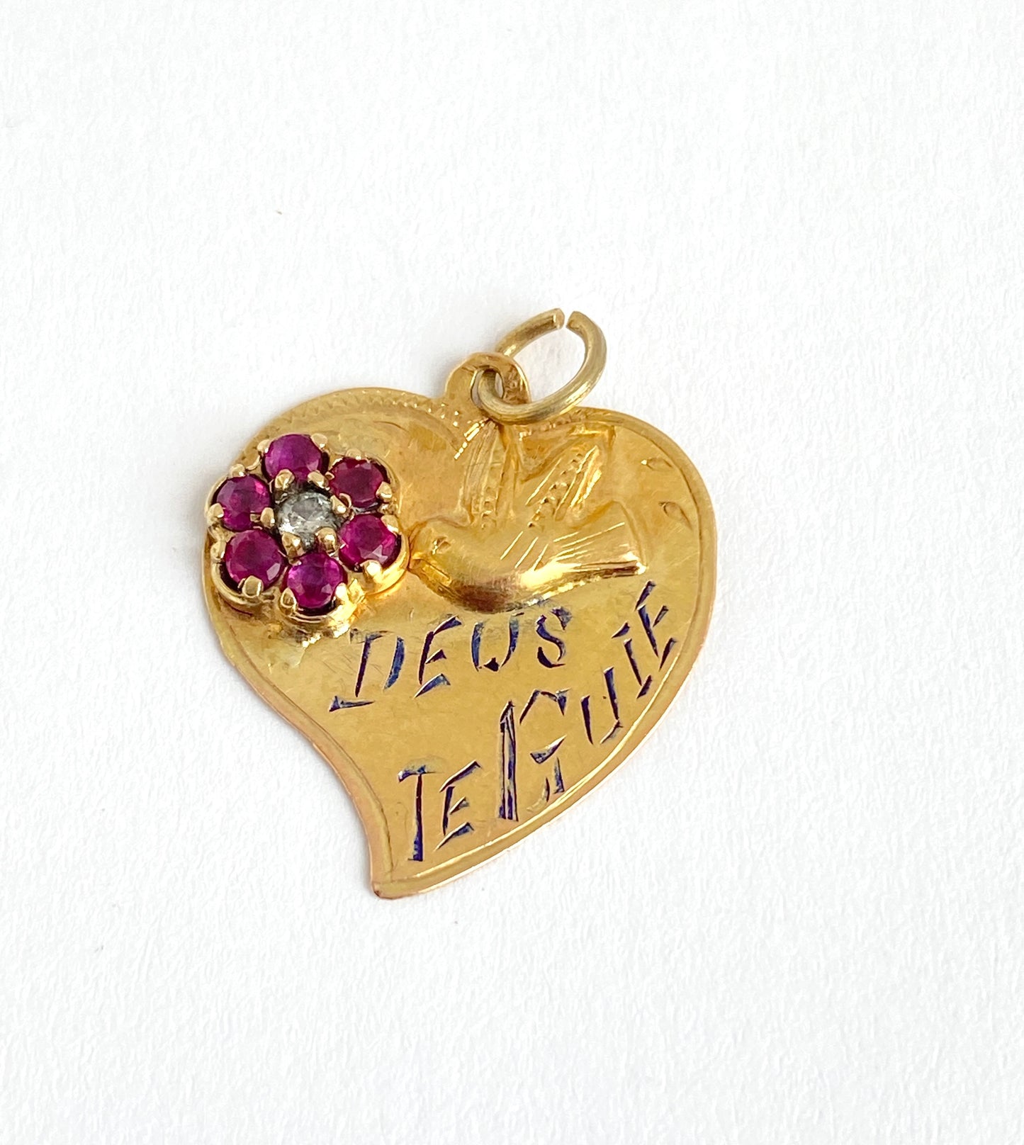 Vintage, 18ct Gold Ruby and Diamond Witches Heart Portuguese Good luck/Protection Pendant