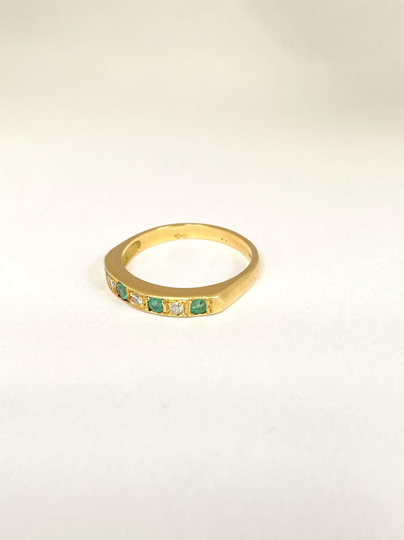 Vintage, 18ct Gold Diamond and Emerald Half Eternity Ring, London 1976