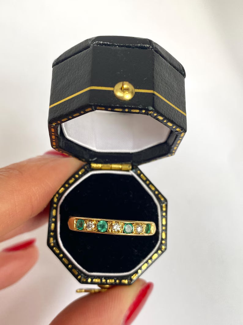 Vintage, 18ct Gold Diamond and Emerald Half Eternity Ring, London 1976