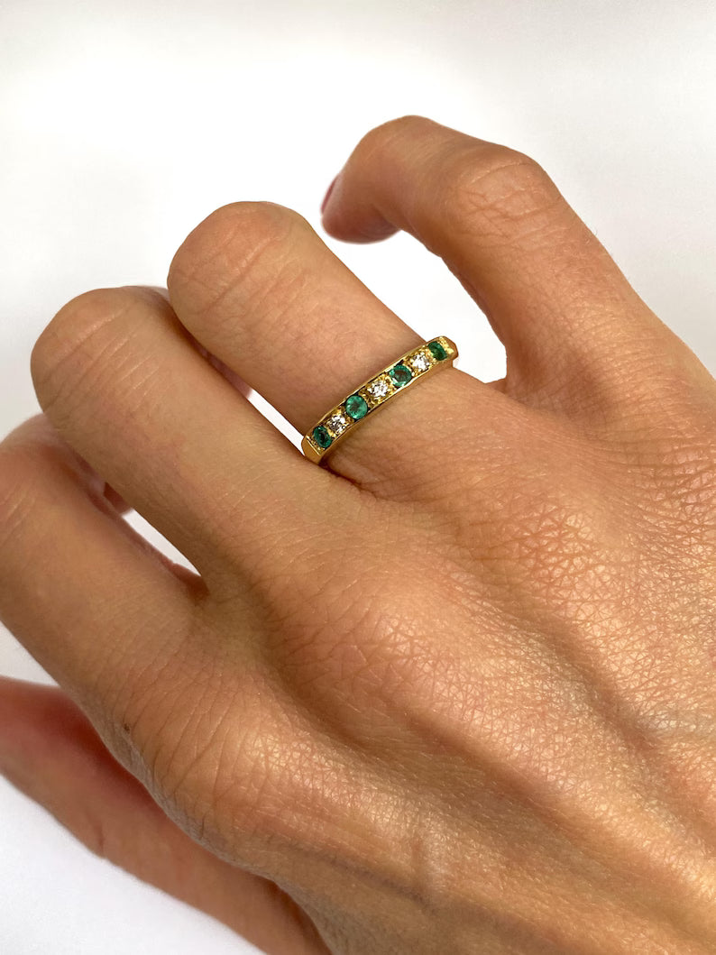 Vintage, 18ct Gold Diamond and Emerald Half Eternity Ring, London 1976