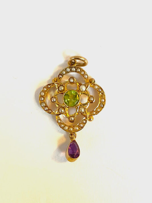 9ct Gold, Edwardian Suffragette (Amethyst, Peridot and Diamond) Pendant