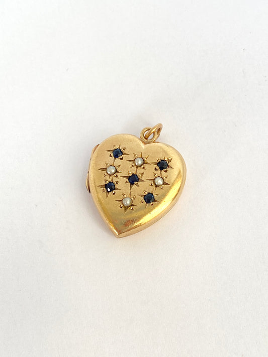 9ct Gold, Vintage Sapphire & Seed Pearl Heart Locket/Pendant