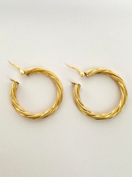 Vintage, 9ct Gold Creole Earrings with textured chunky twist (3.4 x 4cm)