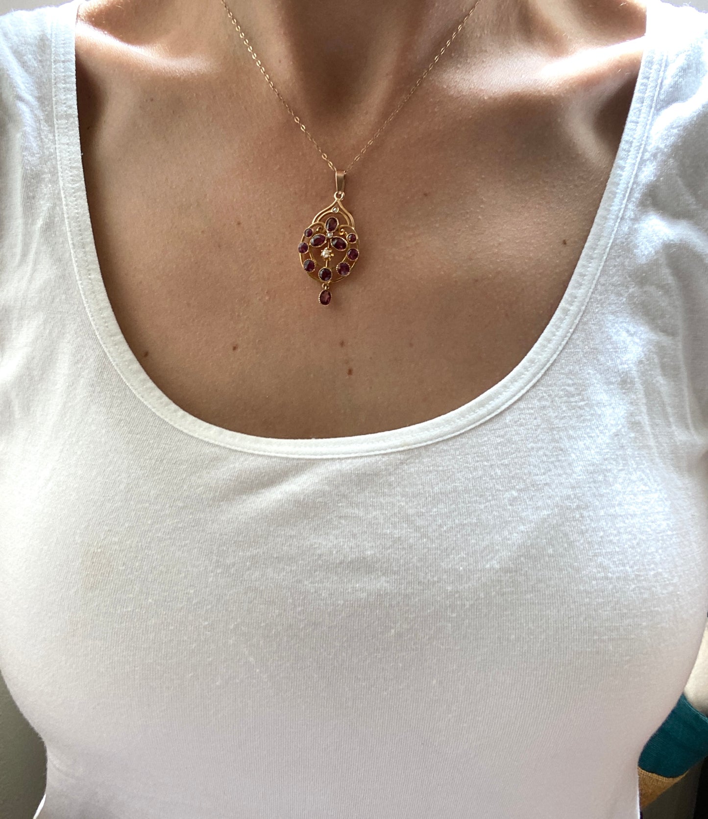 9ct Gold, Antique, Almandine Garnet and Seed Pearl Pendant