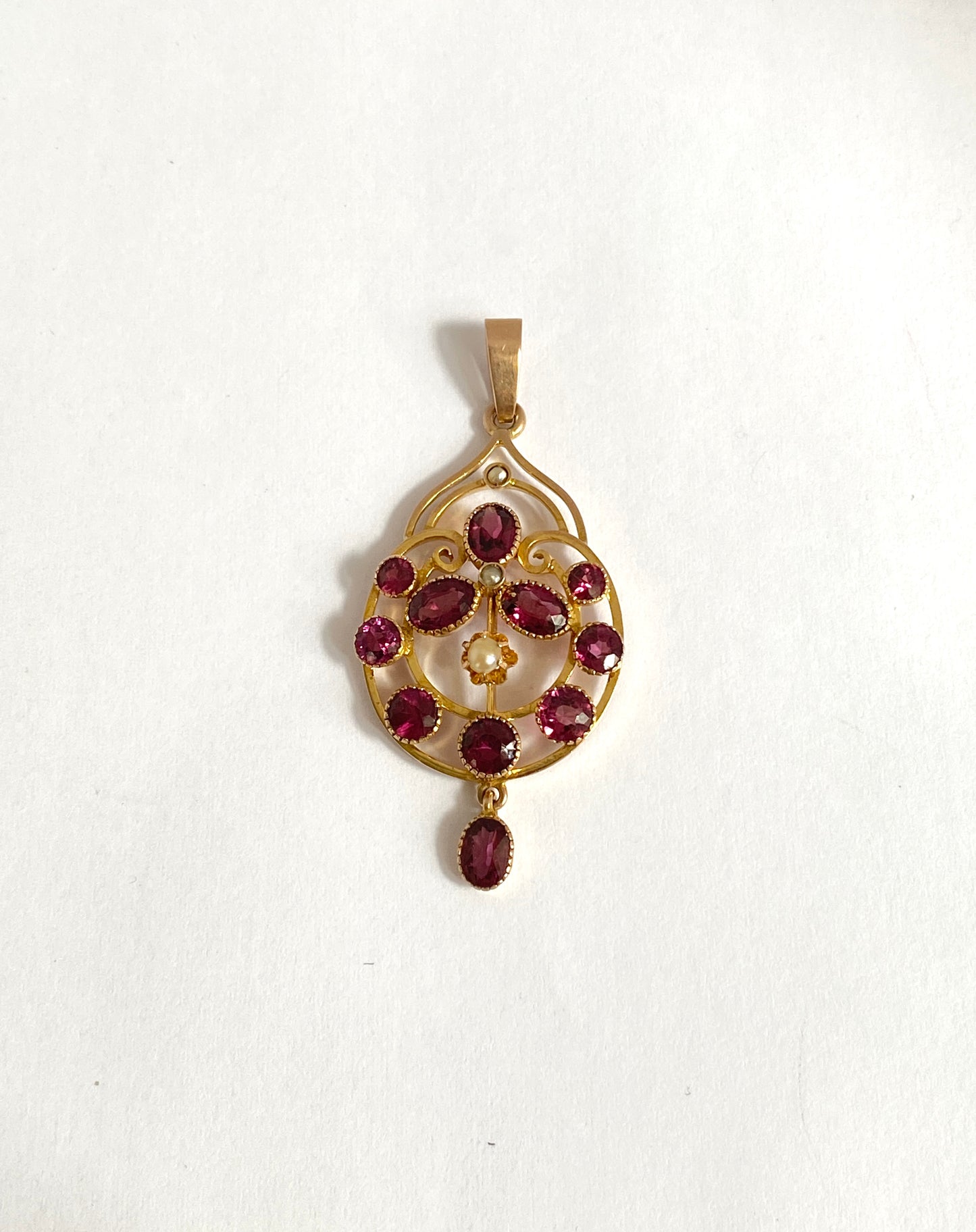 9ct Gold, Antique, Almandine Garnet and Seed Pearl Pendant