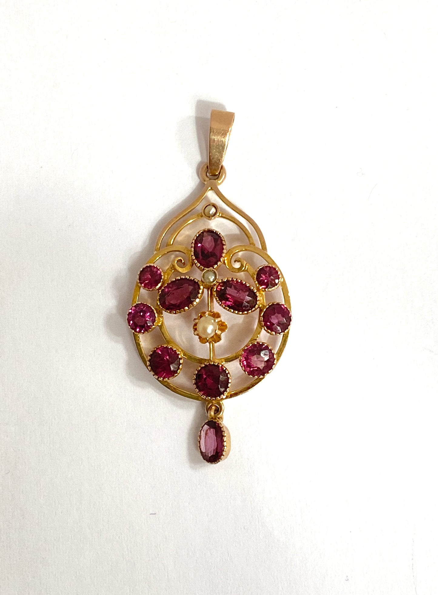 9ct Gold, Antique, Almandine Garnet and Seed Pearl Pendant