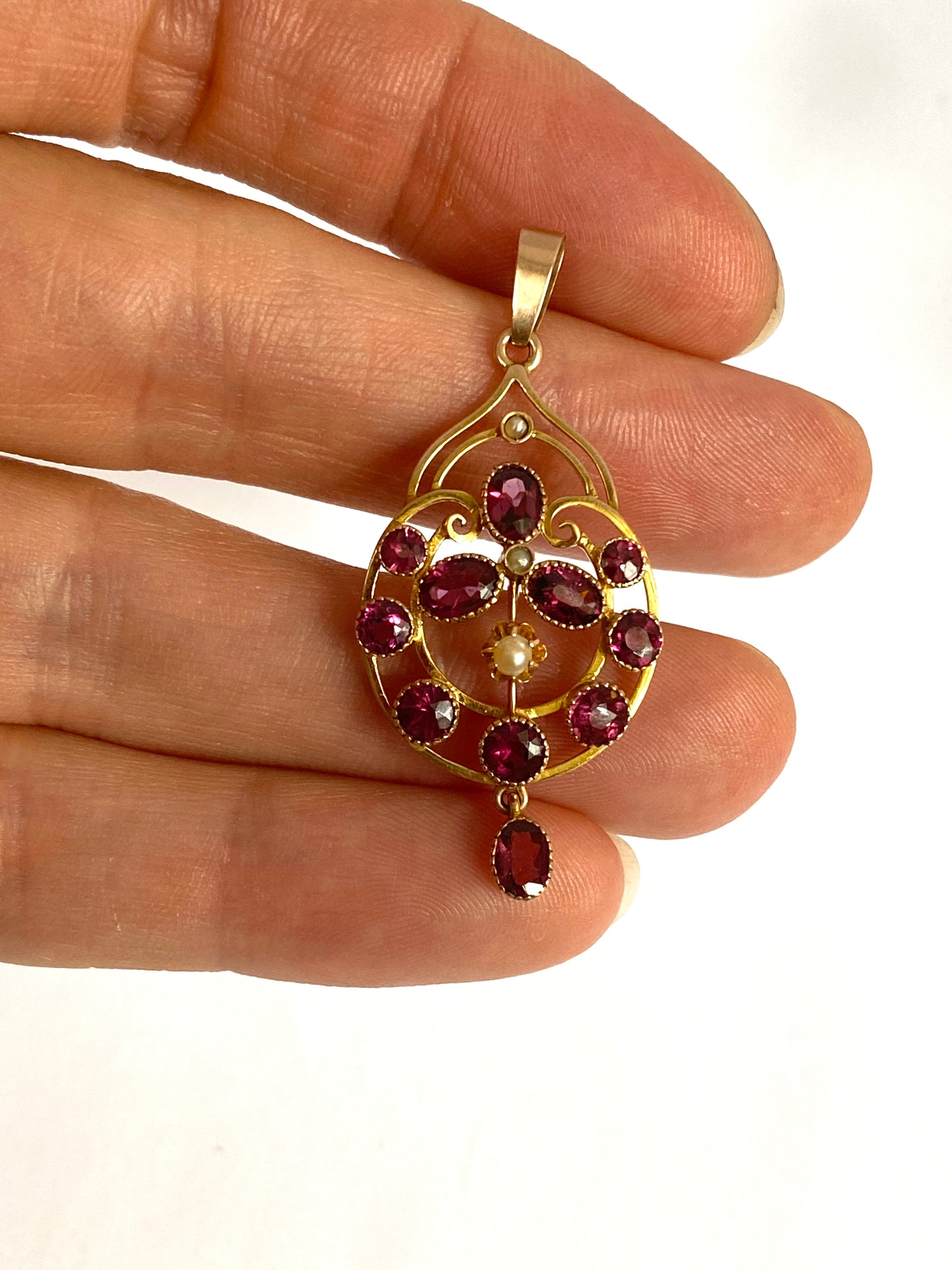 9ct Gold, Antique, Almandine Garnet and Seed Pearl Pendant