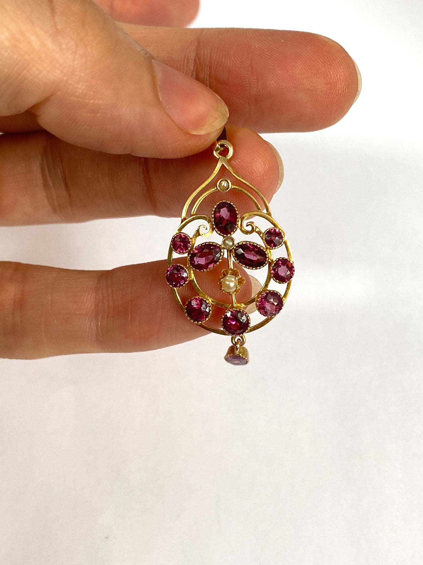 9ct Gold, Antique, Almandine Garnet and Seed Pearl Pendant