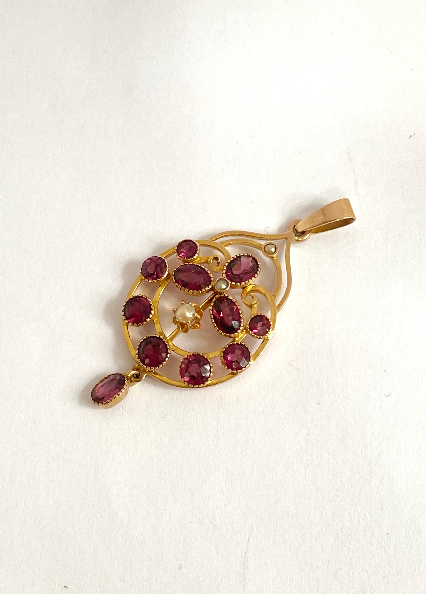 9ct Gold, Antique, Almandine Garnet and Seed Pearl Pendant