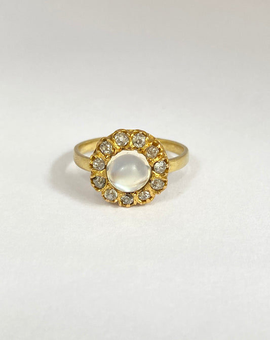 18ct Gold, Moonstone and Old Cut Diamond Cluster Ring