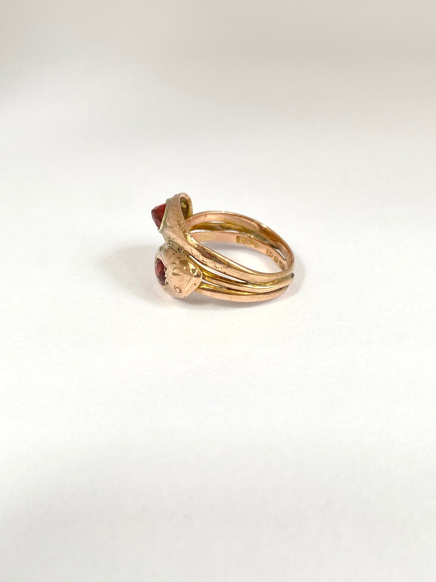 9ct Gold, Double Snake Ring with Almandine Garnet heads, Hallmarked Chester, 1915