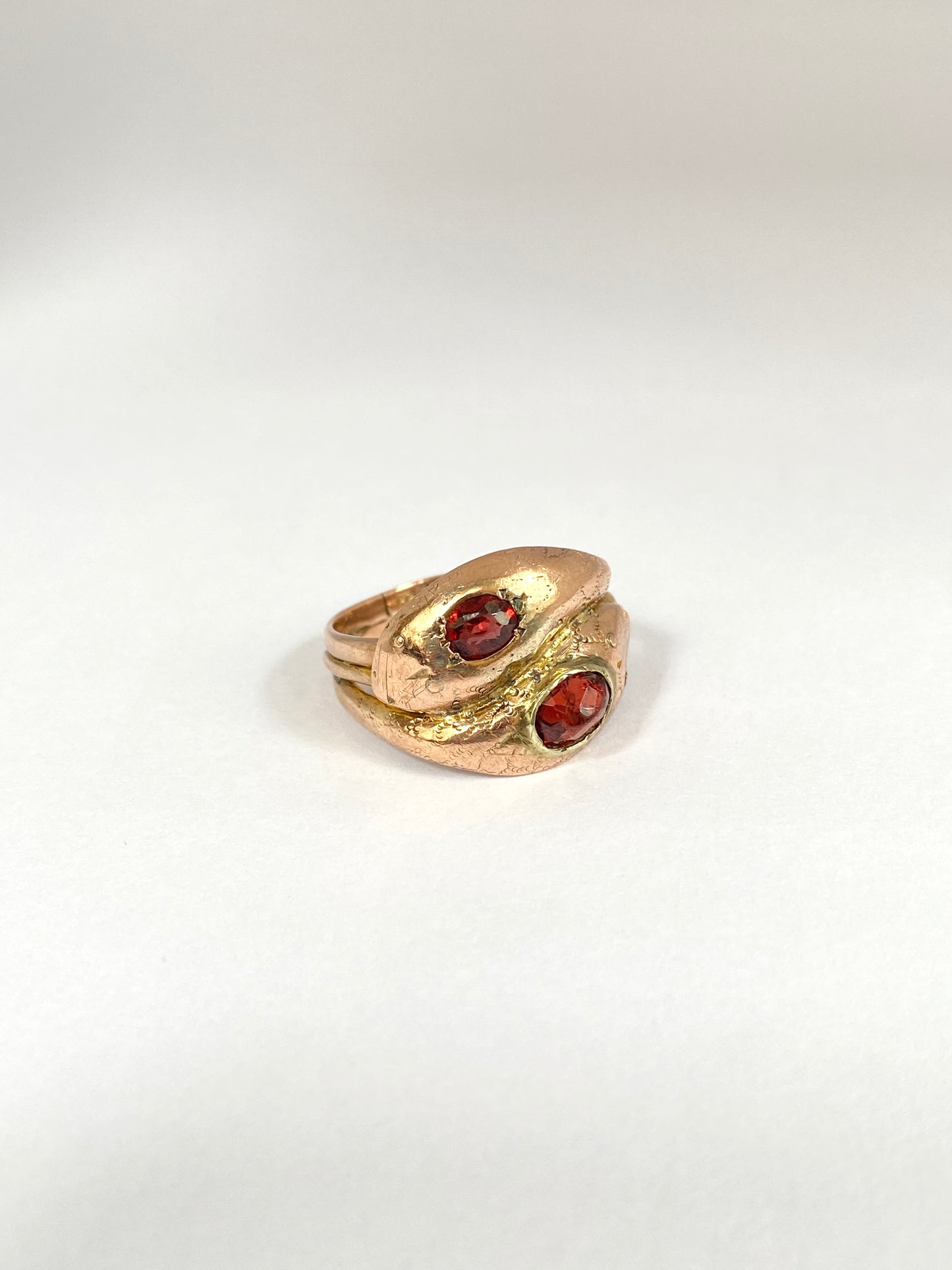 9ct Gold, Double Snake Ring with Almandine Garnet heads, Hallmarked Chester, 1915