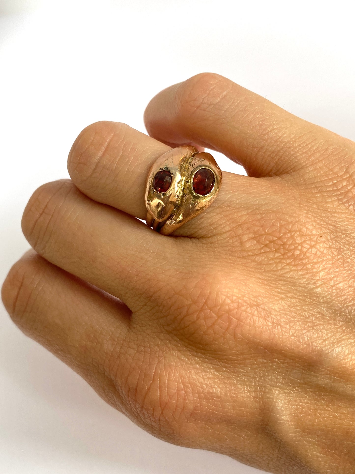 9ct Gold, Double Snake Ring with Almandine Garnet heads, Hallmarked Chester, 1915