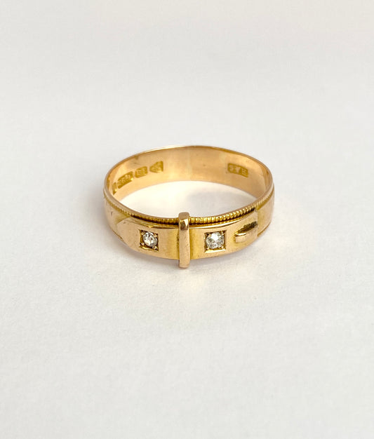 Antique, Victorian, 15ct Gold, Double Diamond Buckle Ring. Hallmarked, 15ct Gold, Chester and 1876