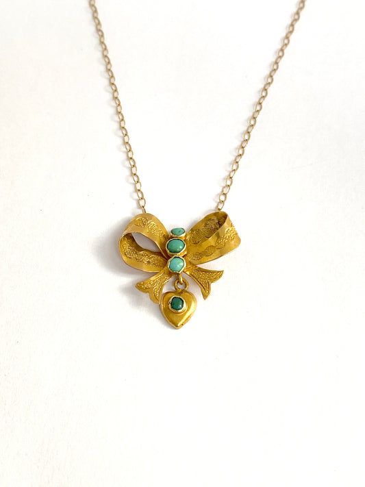 15ct Gold, Art Nouveau Bow and Turquoise Heart Pendant Necklace