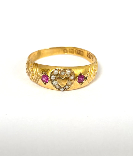 18ct Gold Antique, Victorian, Seed Pearl and Ruby Heart Ring, Birmingham and 1897