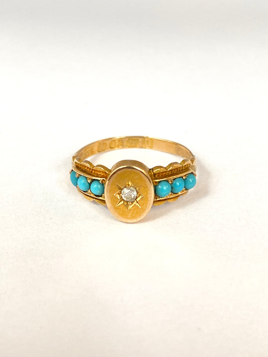 Antique, Victorian, 18ct Gold Turquoise and Diamond Starburst Ring, Hallmarked Birmingham, 1888