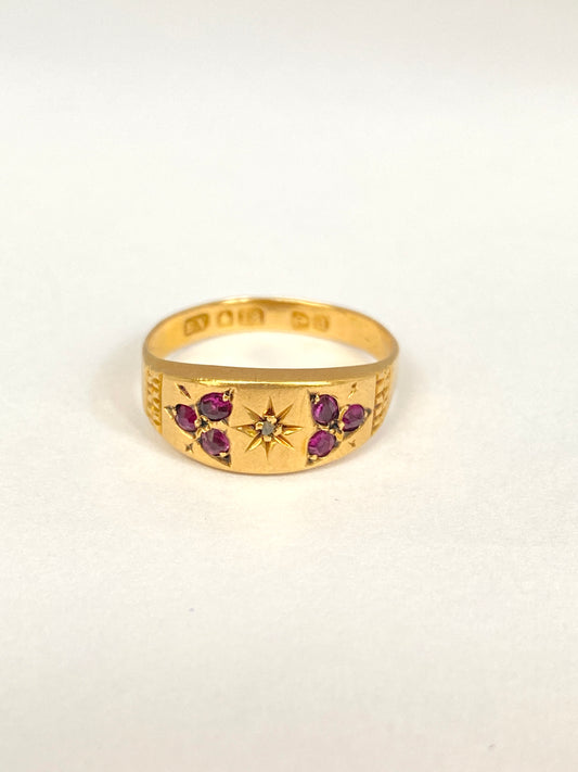 Antique, Edwardian, 18ct Gold Ruby and Diamond Gypsy Starburst Ring, Hallmarked Birmingham, 1903