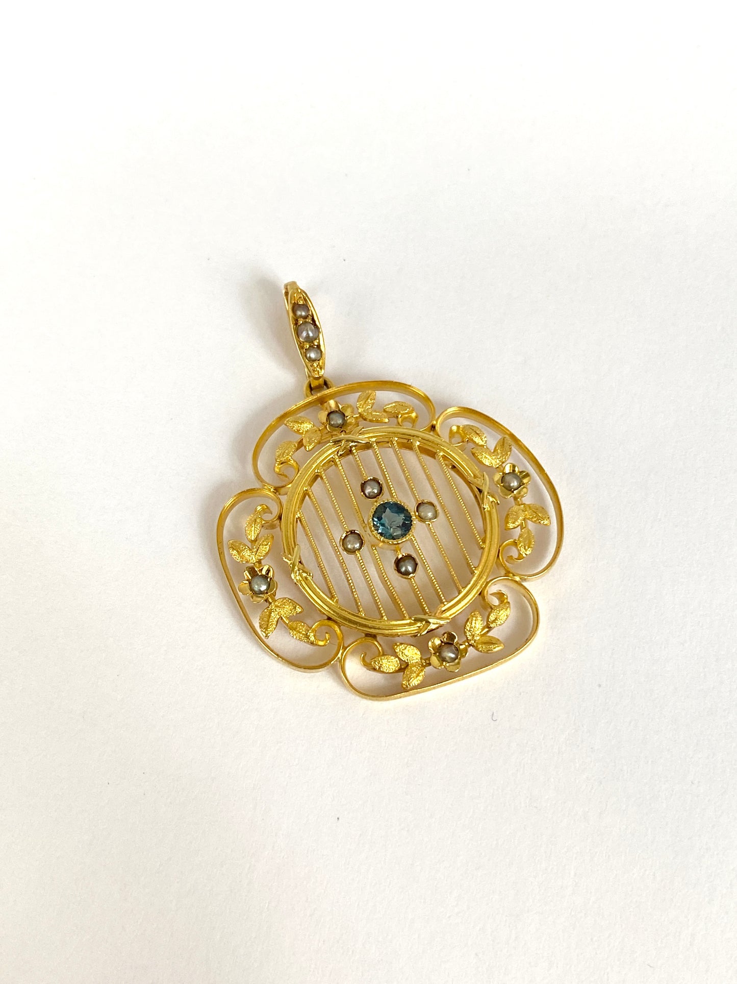 15ct Gold Antique Blue Tourmaline and Seed Pearl Floral Pendant with hand decorated leaves