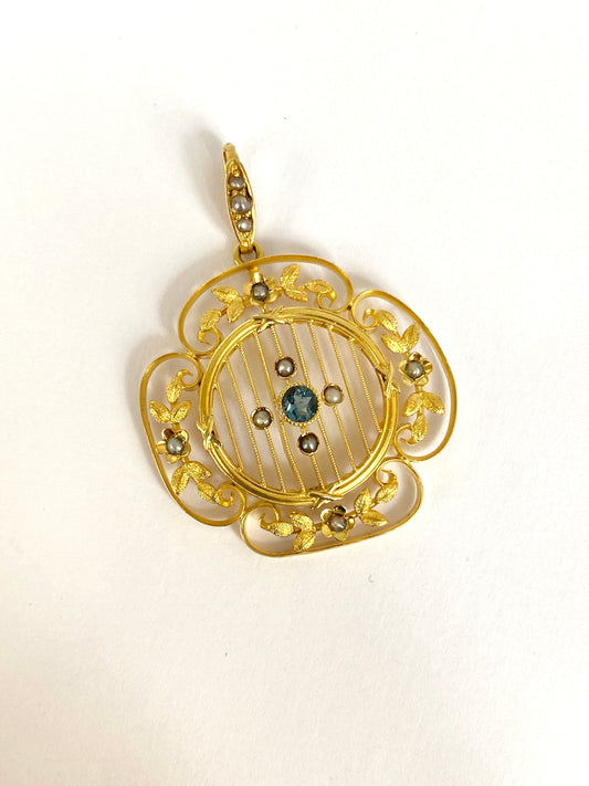 15ct Gold Antique Blue Tourmaline and Seed Pearl Floral Pendant with hand decorated leaves