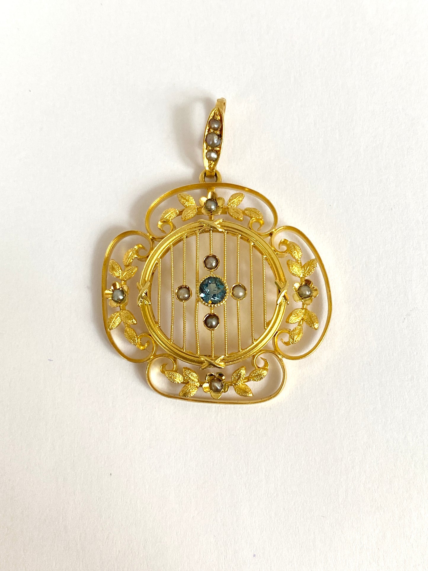 15ct Gold Antique Blue Tourmaline and Seed Pearl Floral Pendant with hand decorated leaves