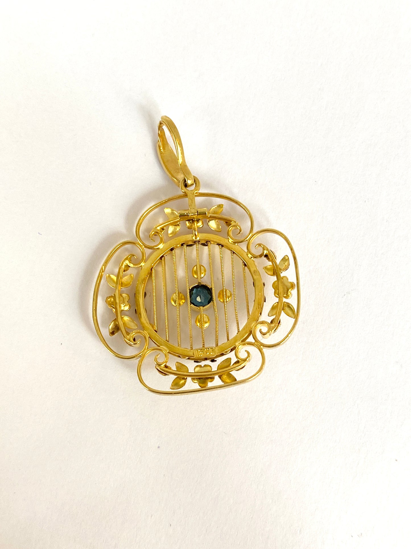 15ct Gold Antique Blue Tourmaline and Seed Pearl Floral Pendant with hand decorated leaves