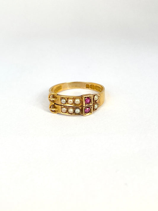 Antique, Victorian, 15ct Gold, Double Seed Pearl and Ruby Buckle Ring. Hallmarked, 15ct Gold, Birmingham and 1898