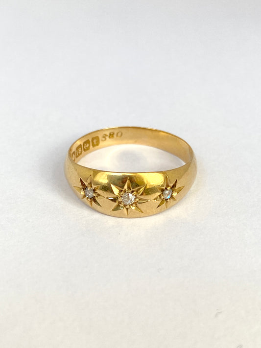 Antique, 18ct Gold, Starburst Triple Diamond Gypsy Ring, Hallmarked Birmingham, 1918