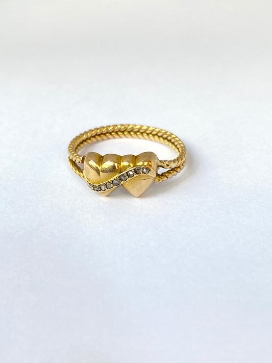 18ct Gold, Vintage Double Heart Diamond Ring, with 9 Rose Cut Diamonds, Hallmarked, 18ct Gold